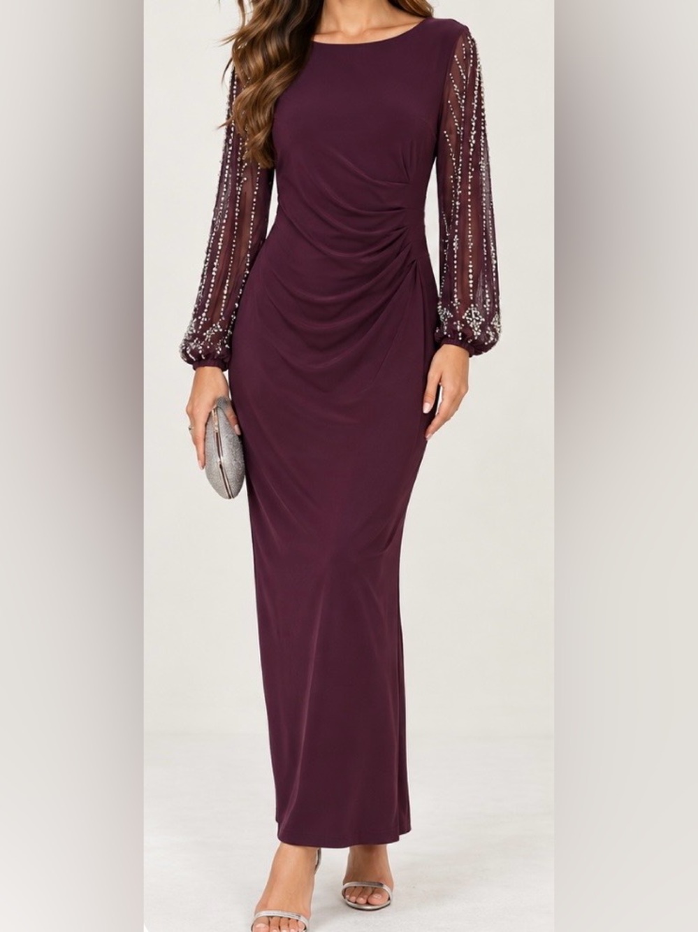Marina Beaded Long Sleeve Ruched
Maxi Evening Dress Size 10 Plum